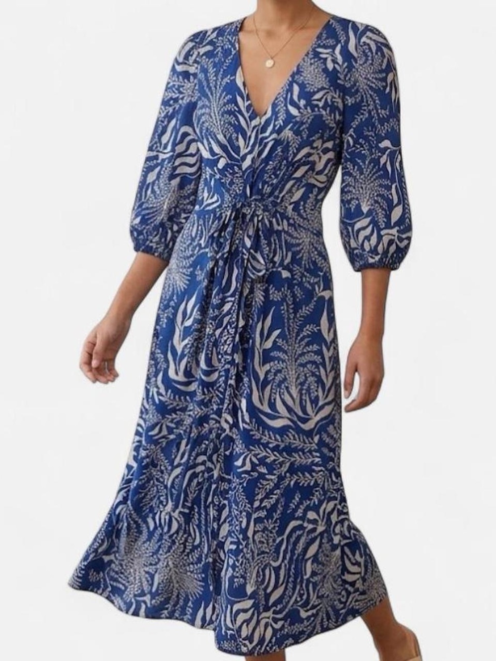 H&M Blue and White Floral Printed Adjustable Tie-Waist Midi Dress (Size XS) - Picture 1 of 6